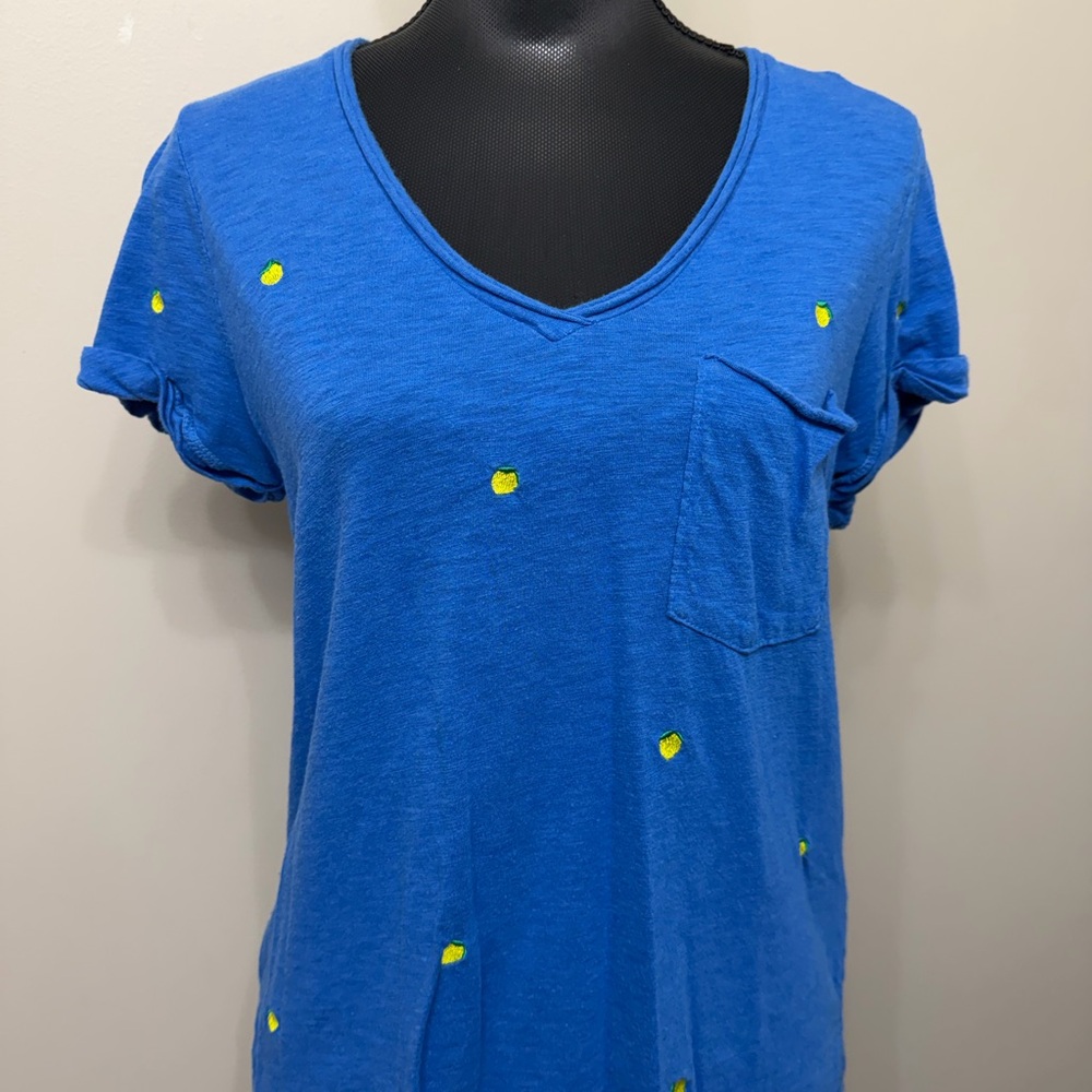 Anthropologie T.La Royal Blue V-Neck Pocket Tee with Neon Yellow Dot Details S